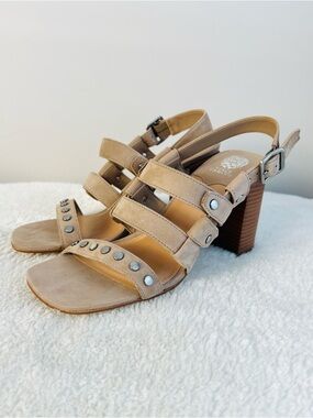 Vince Camuto Suede Studded Strappy Block Heel Sandals Beige